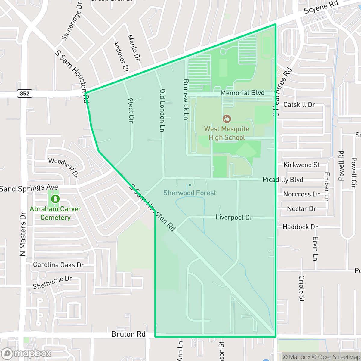 Map showing the location of Sherwood Forest, Mesquite, TX