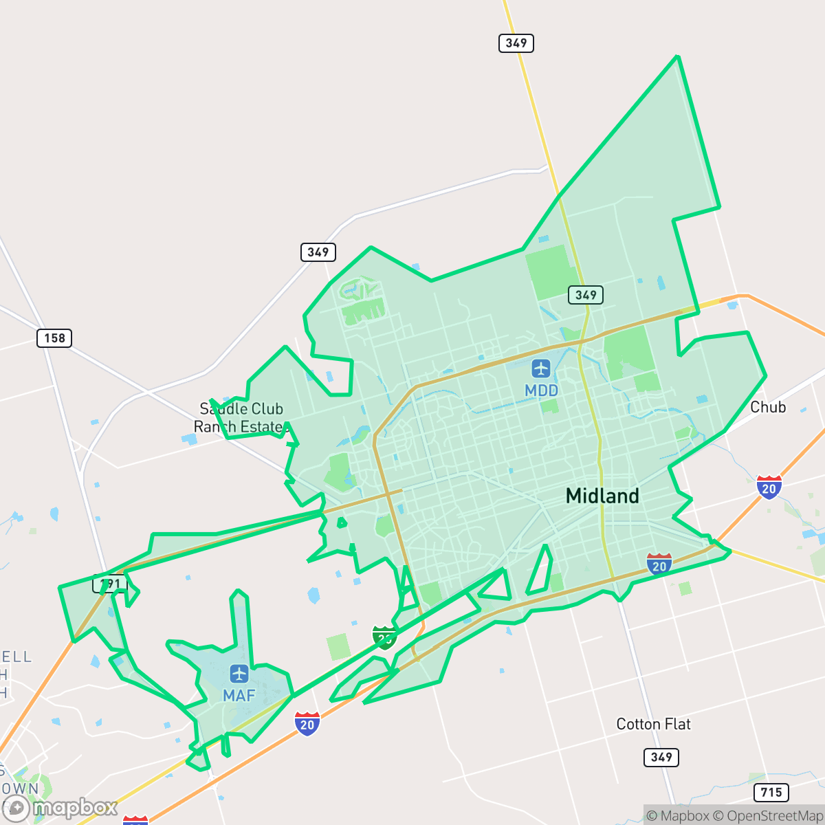 Map showing the location of Midland, TX — coverage area