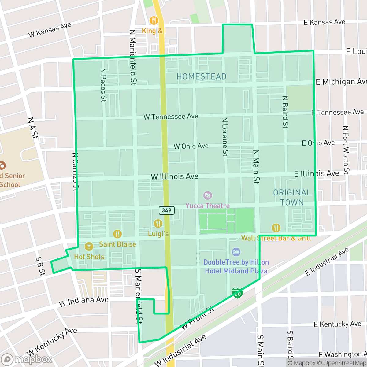 Map showing the location of Downtown Midland Management District, Midland, TX