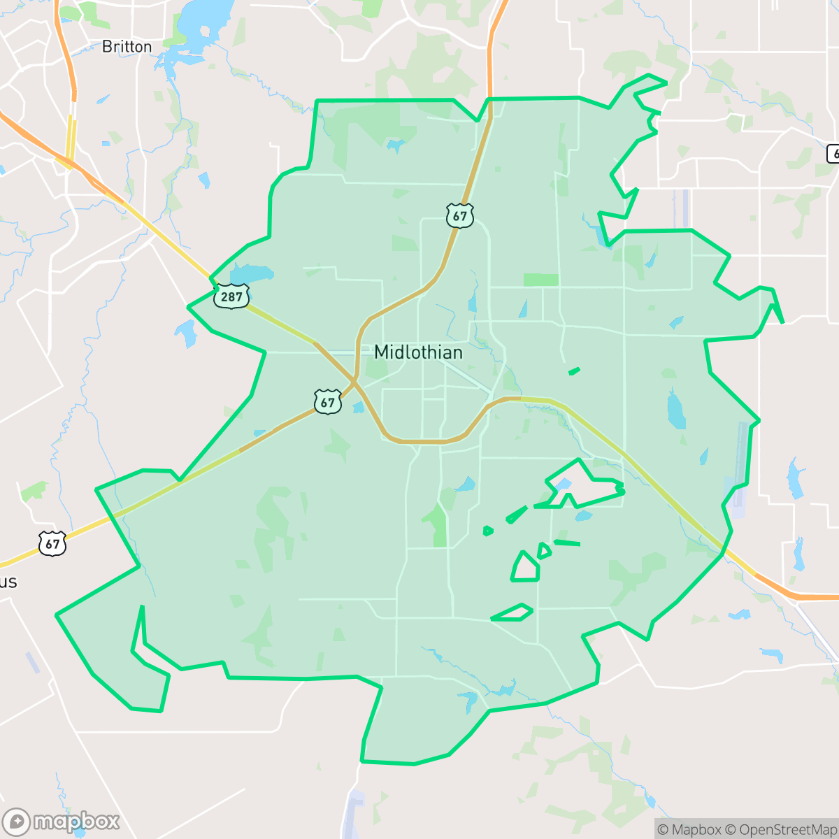 Map showing the location of Midlothian, TX — coverage area