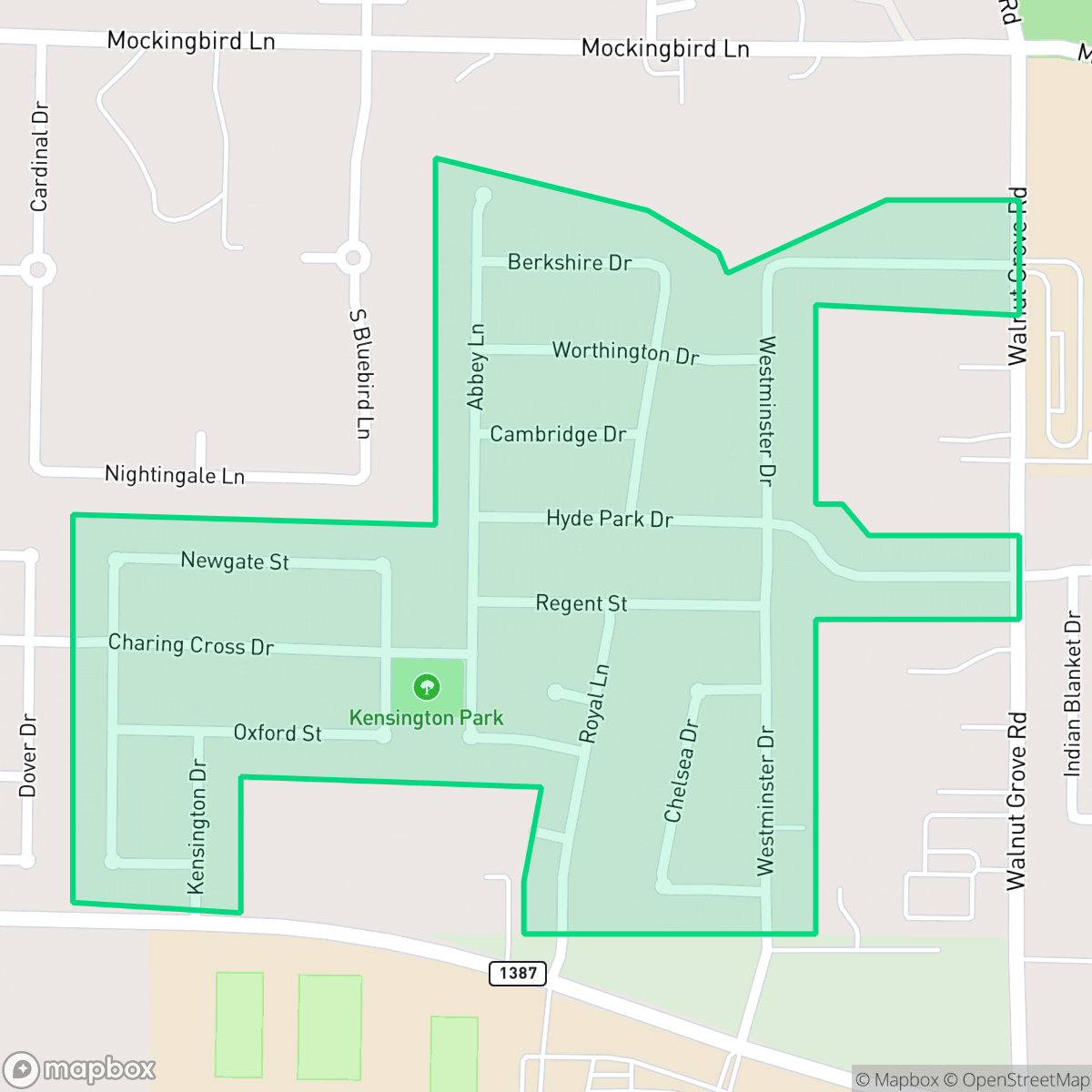 Map showing the location of Kensington Park, Midlothian, TX