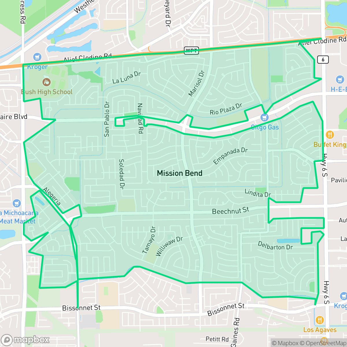 Map showing the location of Mission Bend, TX — coverage area