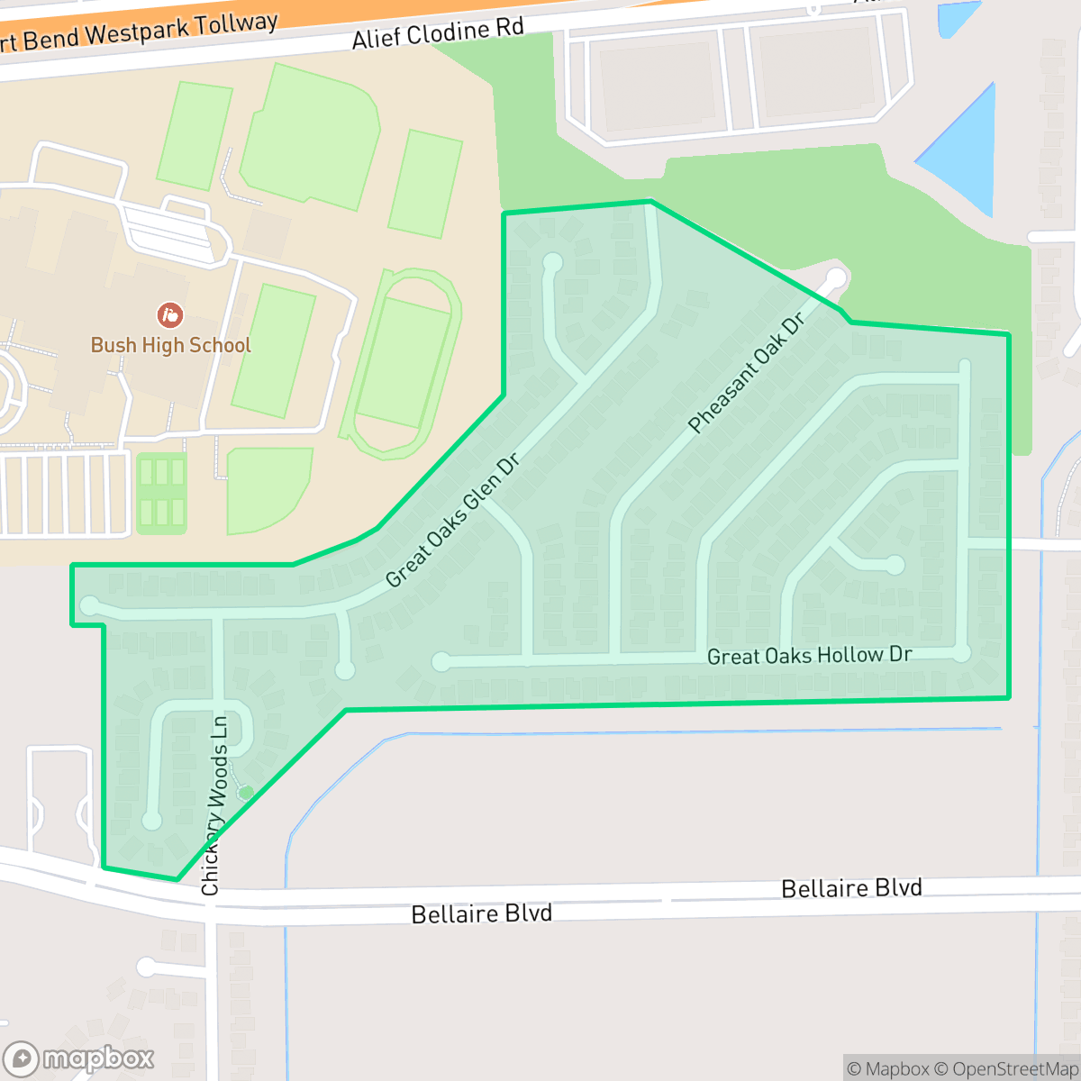 Map showing the location of Great Oaks, Mission Bend, TX