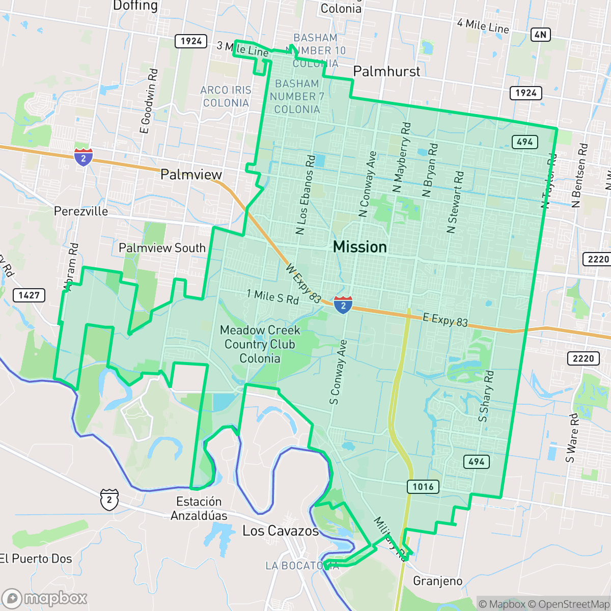 Map showing the location of Mission, TX — coverage area