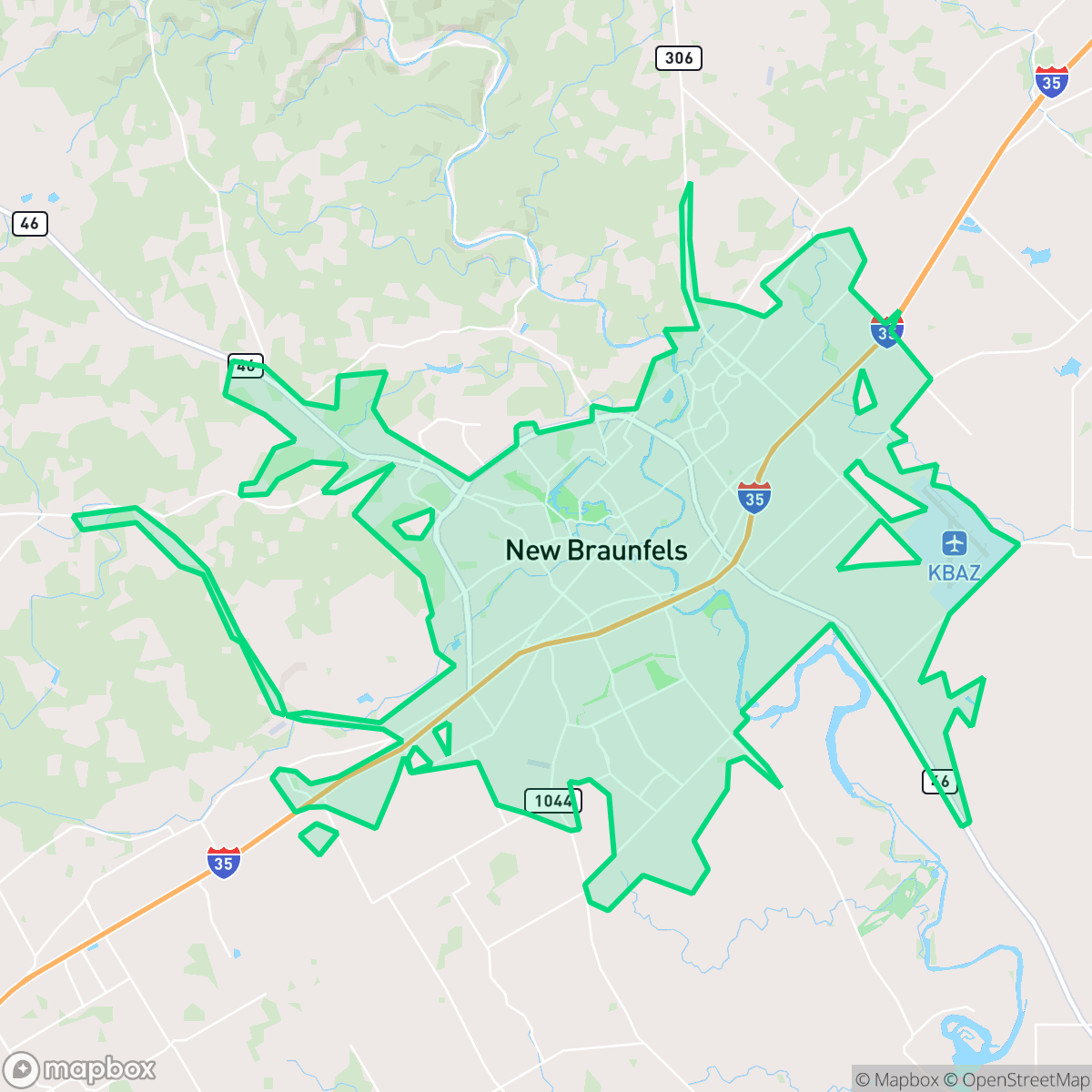 Map showing the location of New Braunfels, TX — coverage area