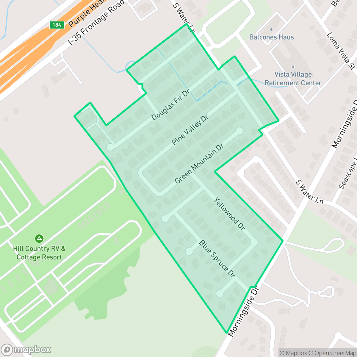 Map showing the location of Evergreen Village, New Braunfels, TX