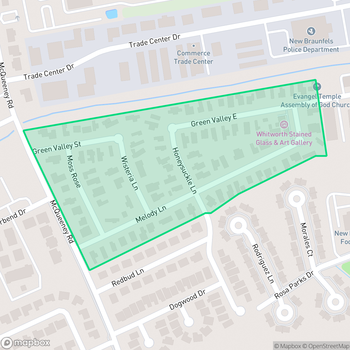 Map showing the location of Green Valley Estates, New Braunfels, TX