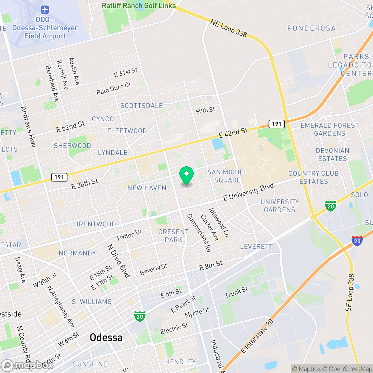 Map showing the location of Odessa, TX — coverage area