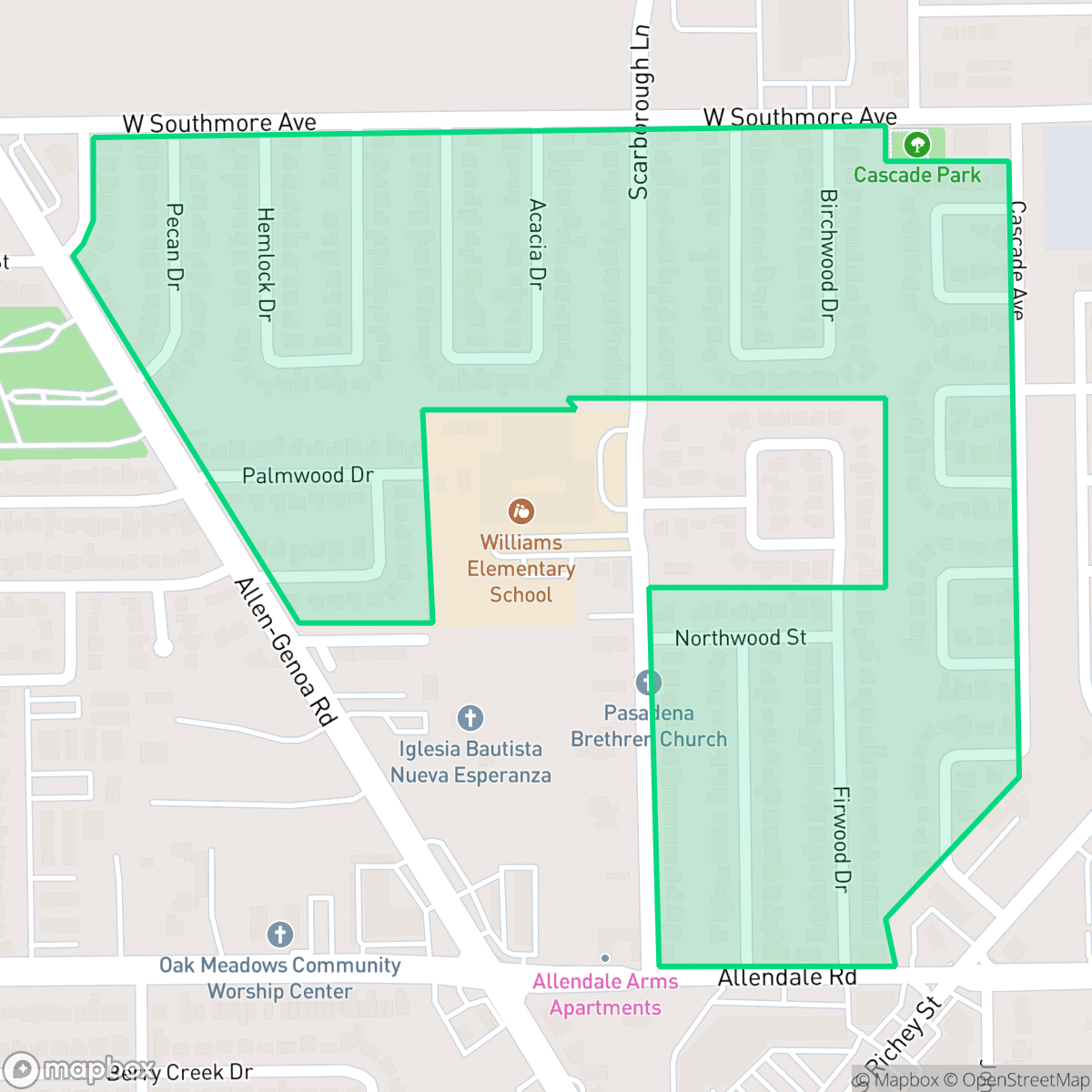 Map showing the location of Southmore Plaza, Pasadena, TX