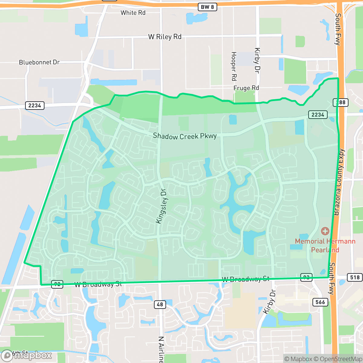 Map showing the location of Shadow Creek Ranch, Pearland, TX