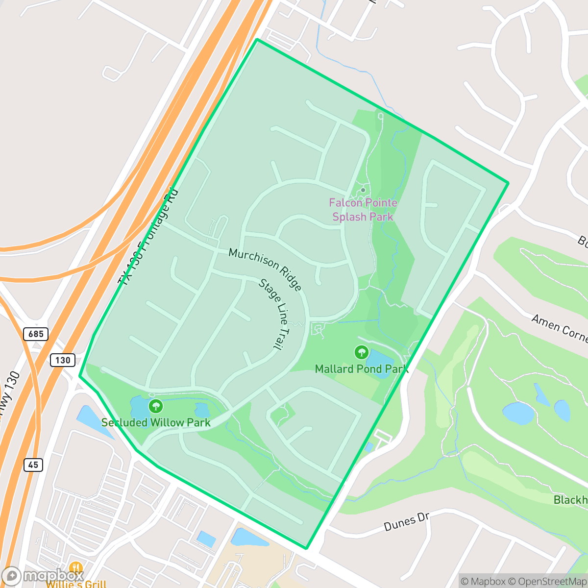 Map showing the location of Falcon Pointe, Pflugerville, TX