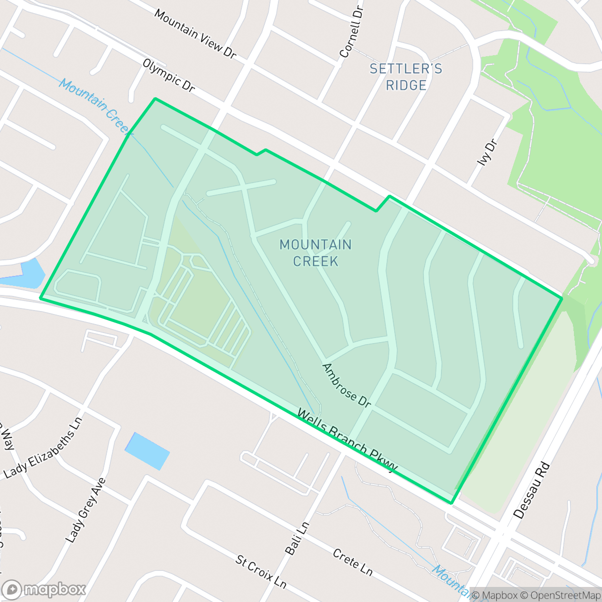 Map showing the location of Mountain Creek, Pflugerville, TX
