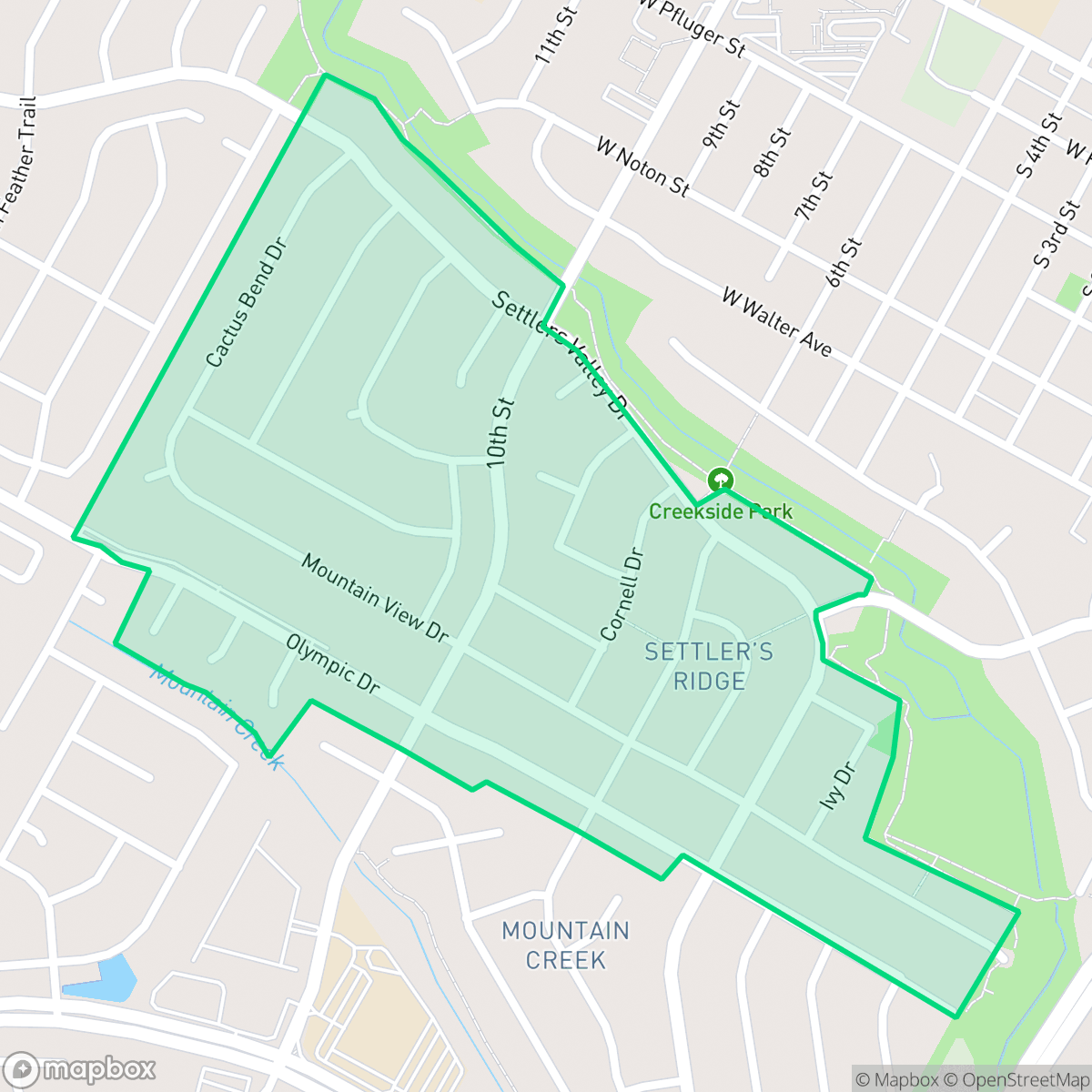 Map showing the location of Settlers Ridge, Pflugerville, TX