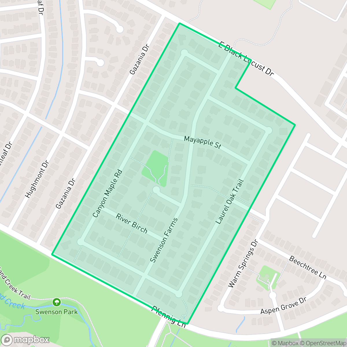Map showing the location of Swenson Farms, Pflugerville, TX