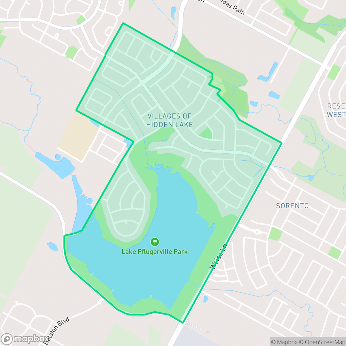 Map showing the location of Villages of Hidden Lake, Pflugerville, TX
