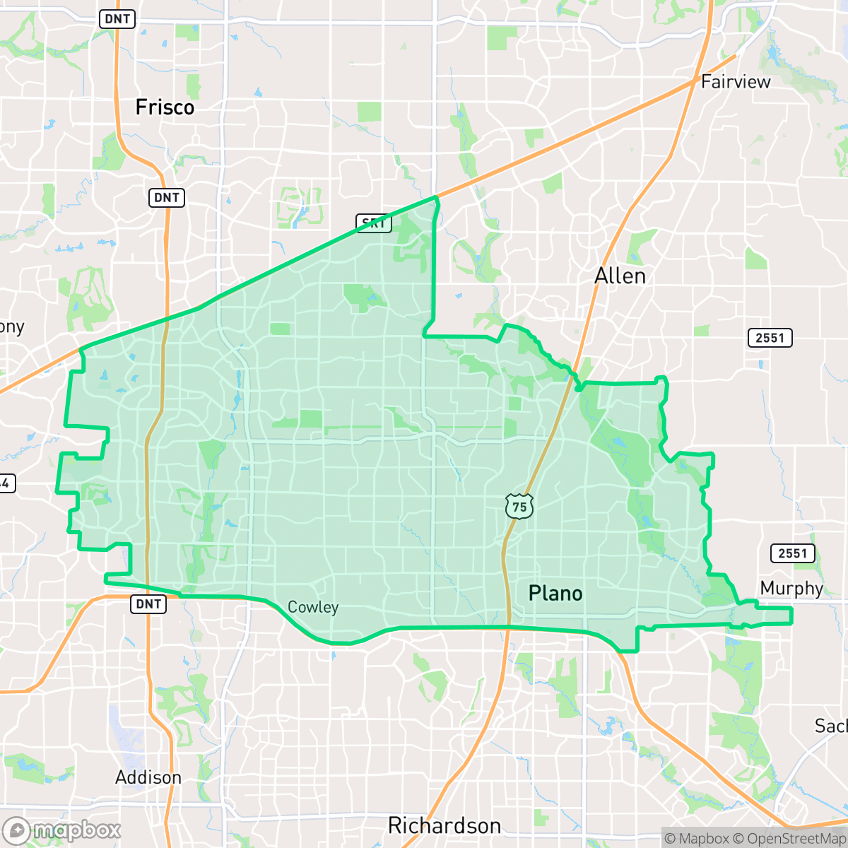 Map showing the location of Plano, TX — coverage area