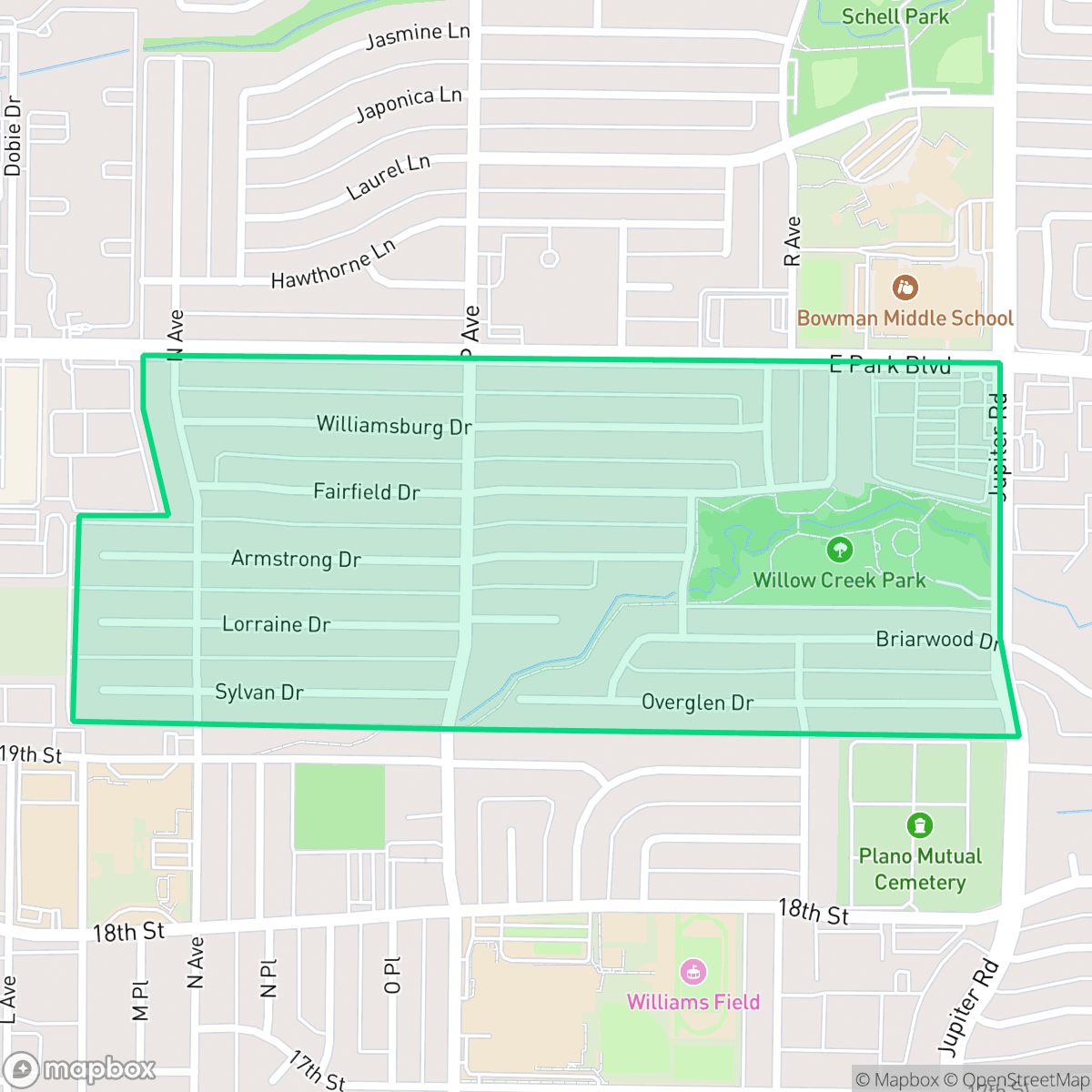 Map showing the location of Armstrong Park, Plano, TX