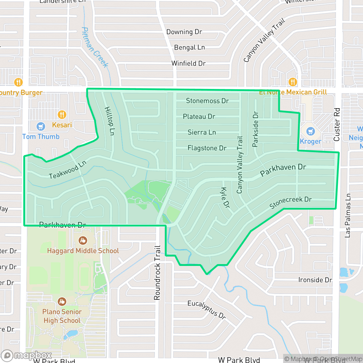 Map showing the location of Caddo Park, Plano, TX