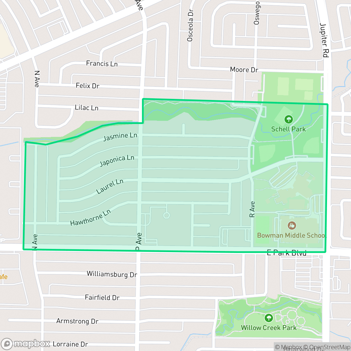 Map showing the location of Plano Park, Plano, TX