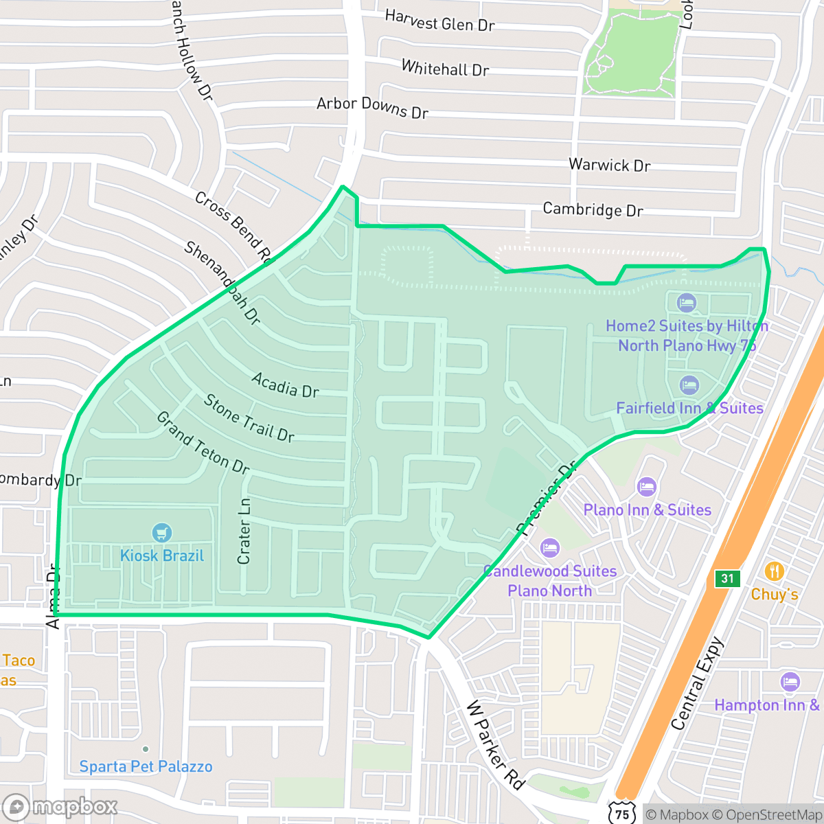 Map showing the location of Thunderbird, Plano, TX