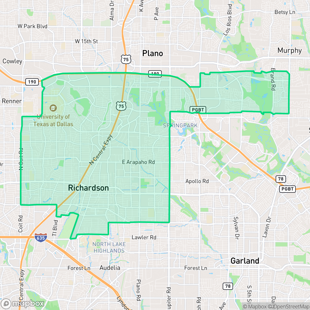 Map showing the location of Richardson, TX — coverage area