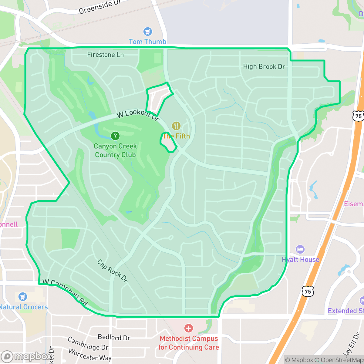Map showing the location of Canyon Creek, Richardson, TX
