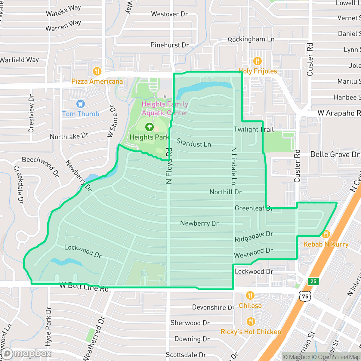 Map showing the location of Heights Park, Richardson, TX