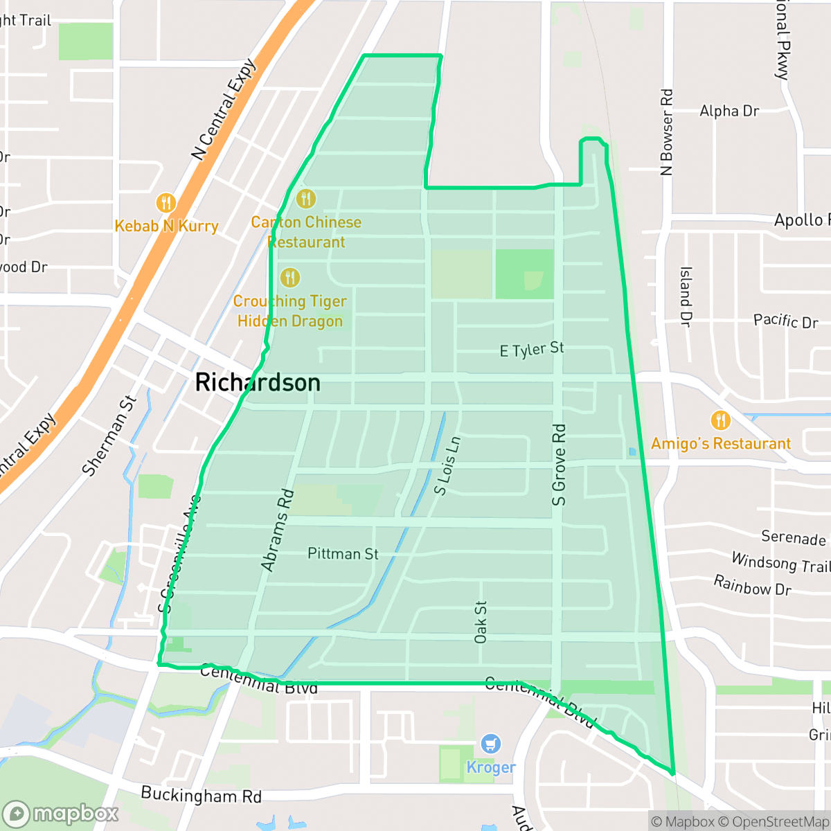 Map showing the location of Highland Terrace, Richardson, TX
