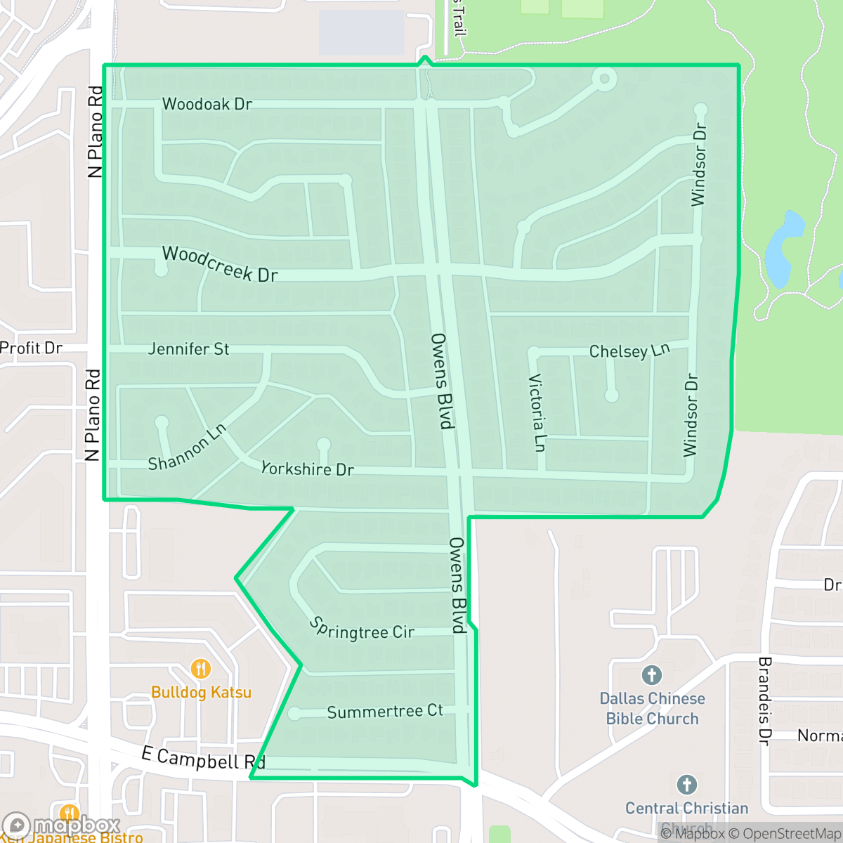 Map showing the location of Owens Park, Richardson, TX