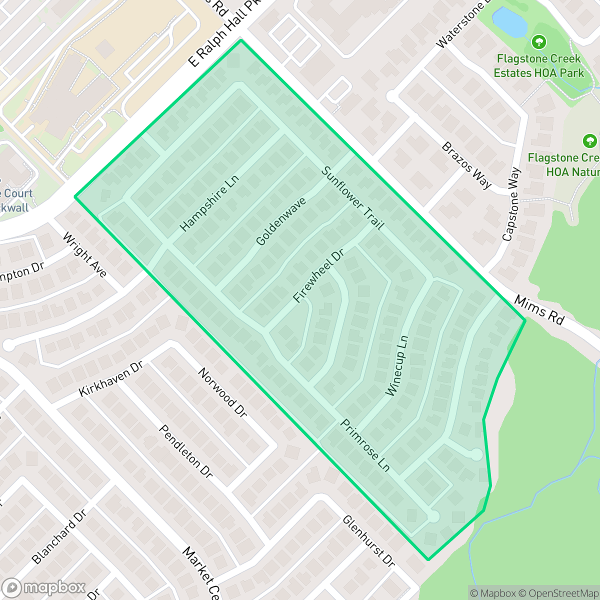 Map showing the location of Highland Meadows, Rockwall, TX