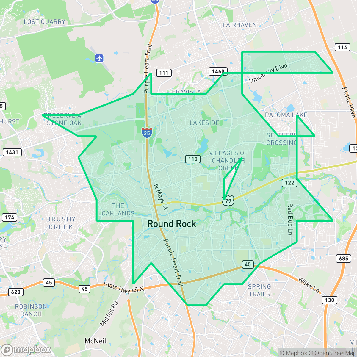 Map showing the location of Round Rock, TX — coverage area