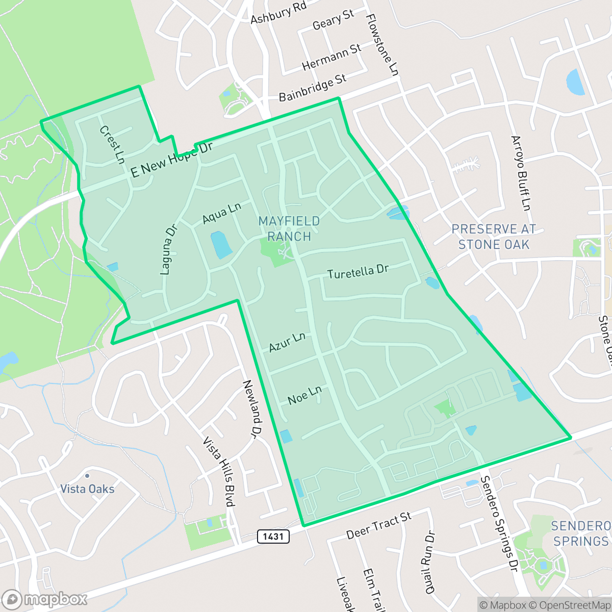 Map showing the location of Mayfield Ranch Enclave, Round Rock, TX