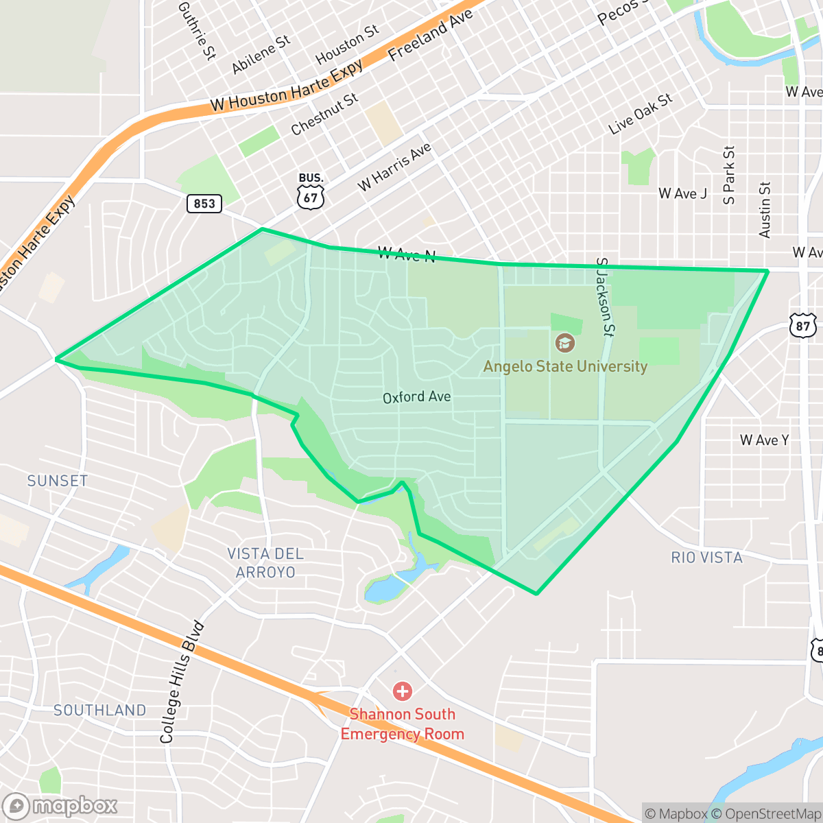 Map showing the location of ASU-College Hills, San Angelo, TX