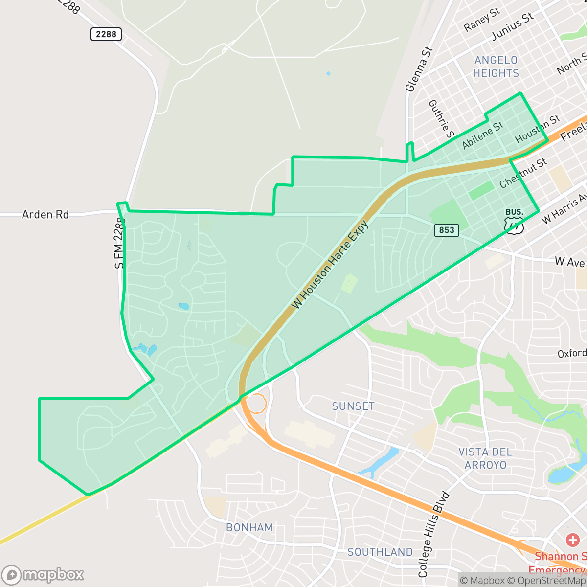 Map showing the location of Bluffs, San Angelo, TX