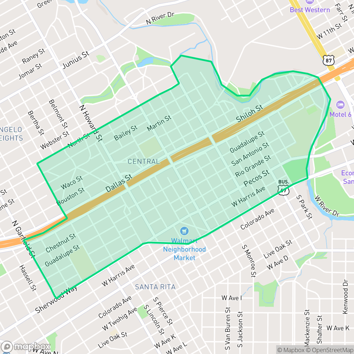 Map showing the location of Central, San Angelo, TX