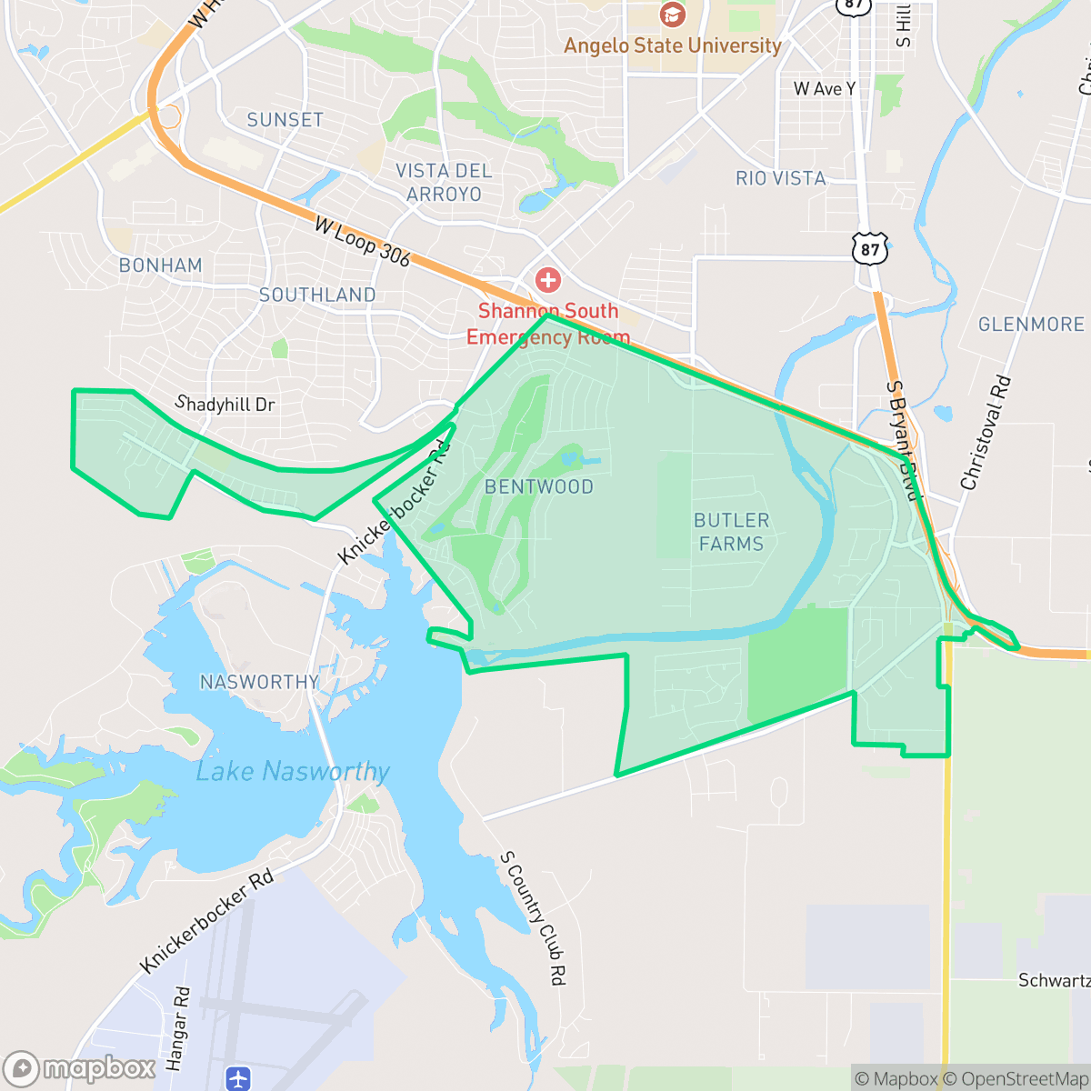 Map showing the location of Country Club, San Angelo, TX