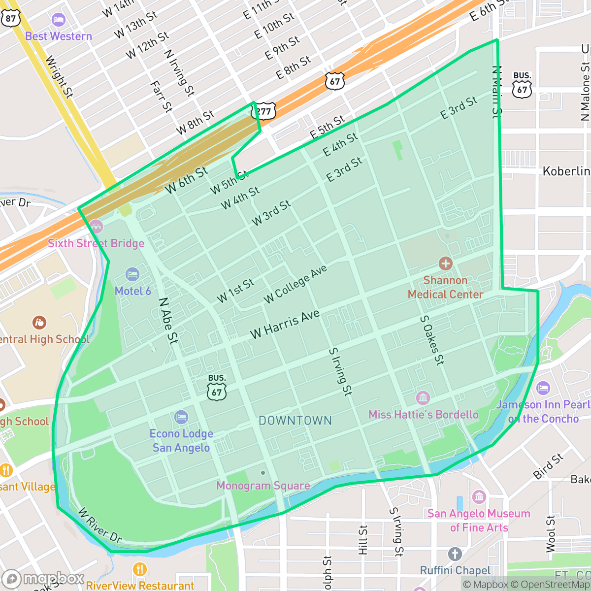 Map showing the location of Downtown, San Angelo, TX