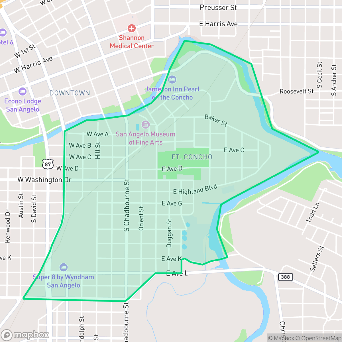 Map showing the location of Fort Concho, San Angelo, TX