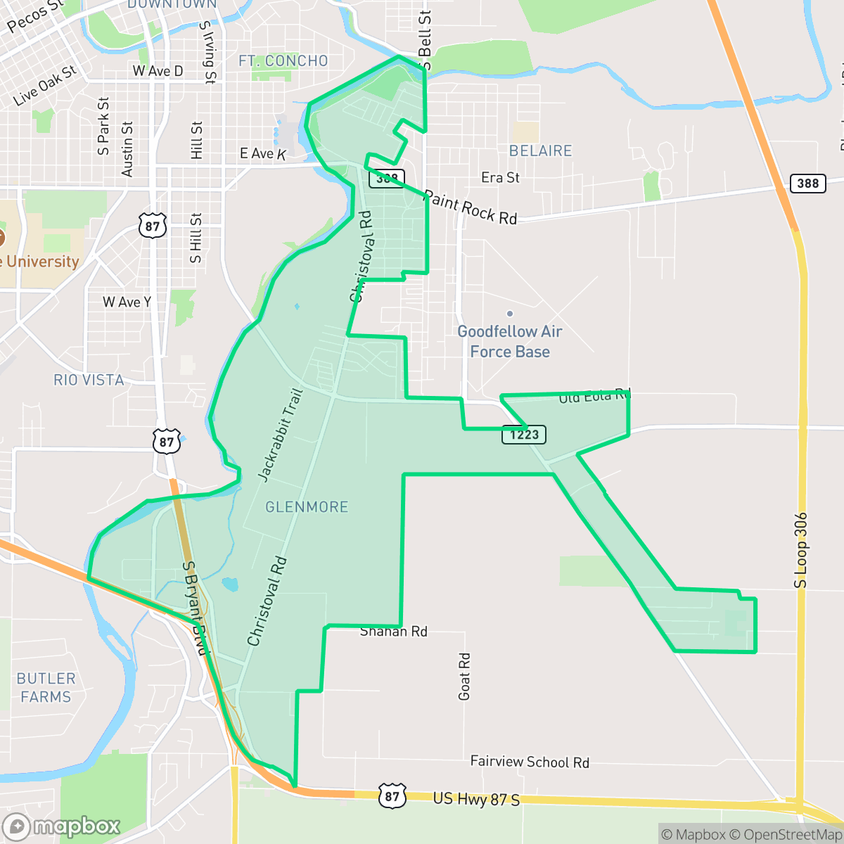 Map showing the location of Glenmore, San Angelo, TX