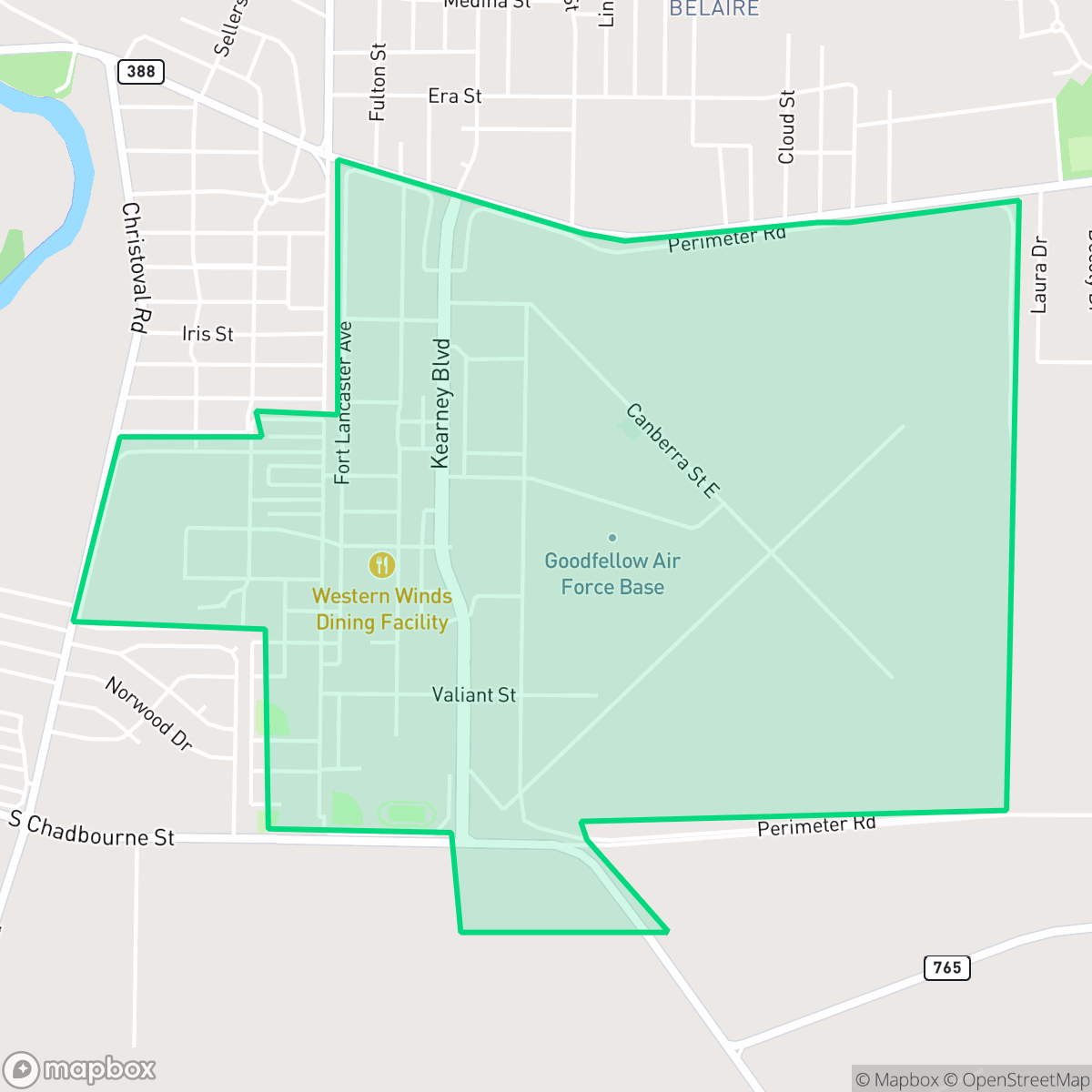 Map showing the location of Goodfellow Air Force Base, San Angelo, TX