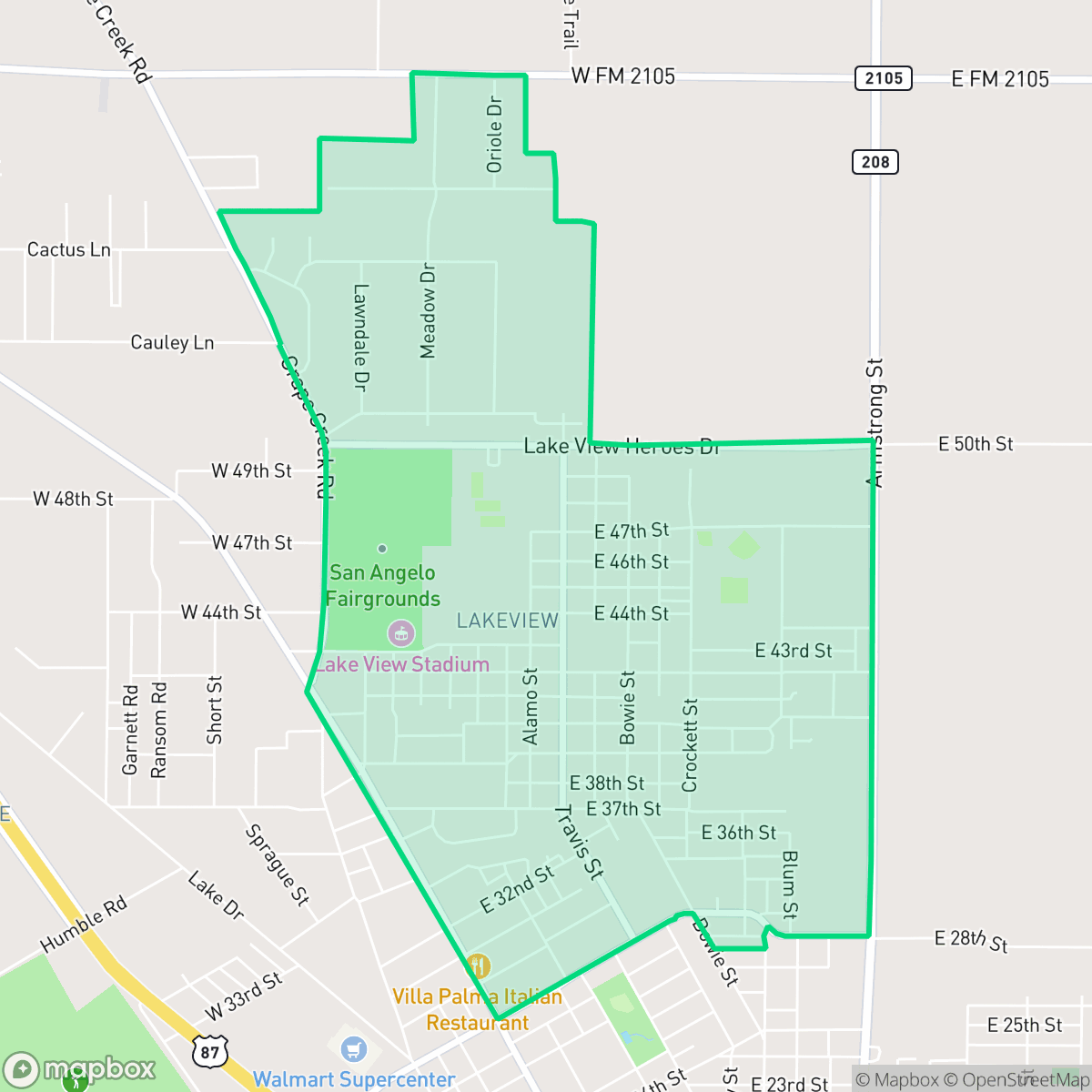 Map showing the location of Lake View, San Angelo, TX