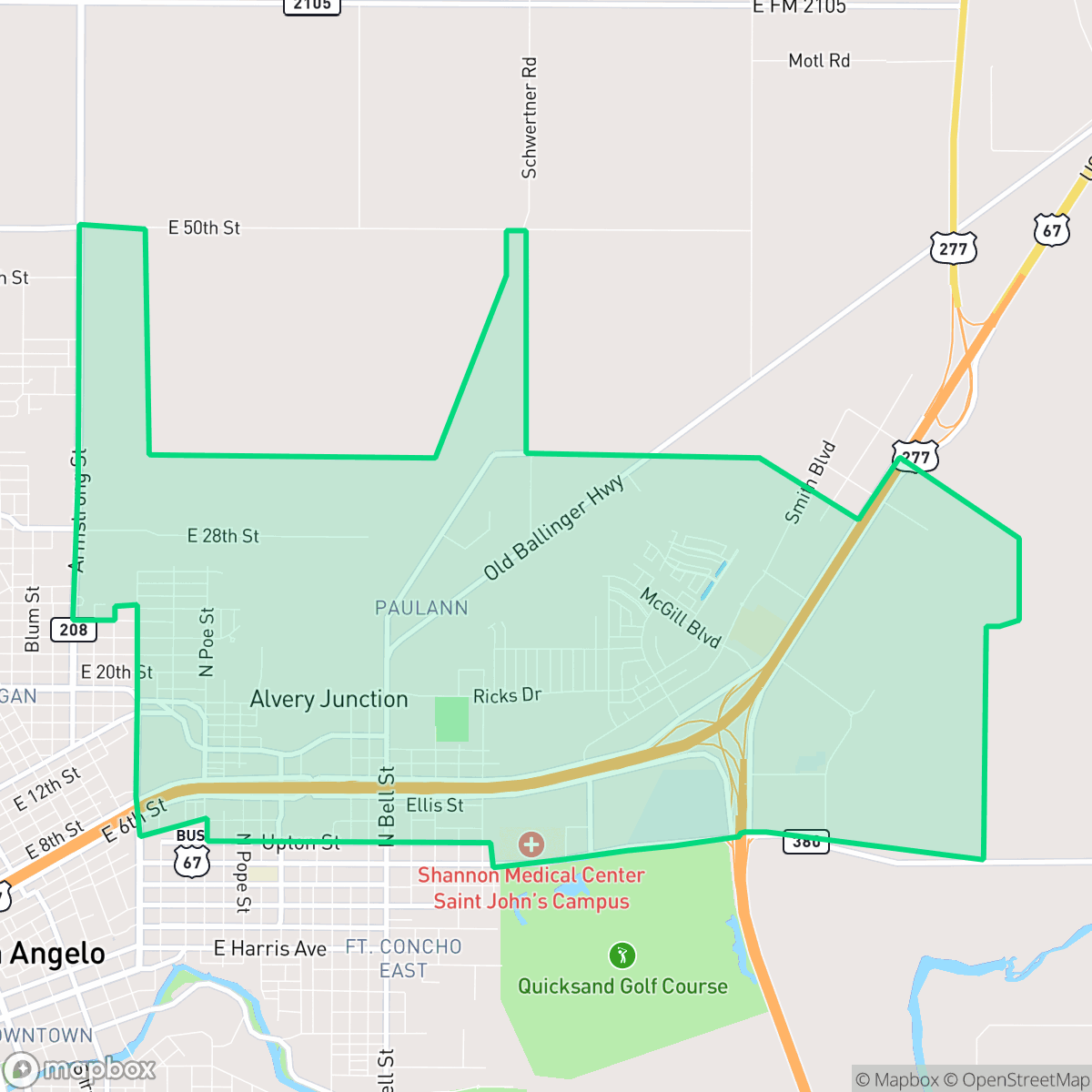 Map showing the location of PaulAnn, San Angelo, TX