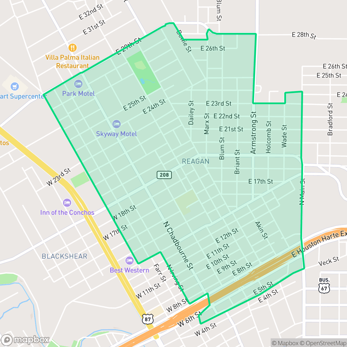 Map showing the location of Reagan, San Angelo, TX