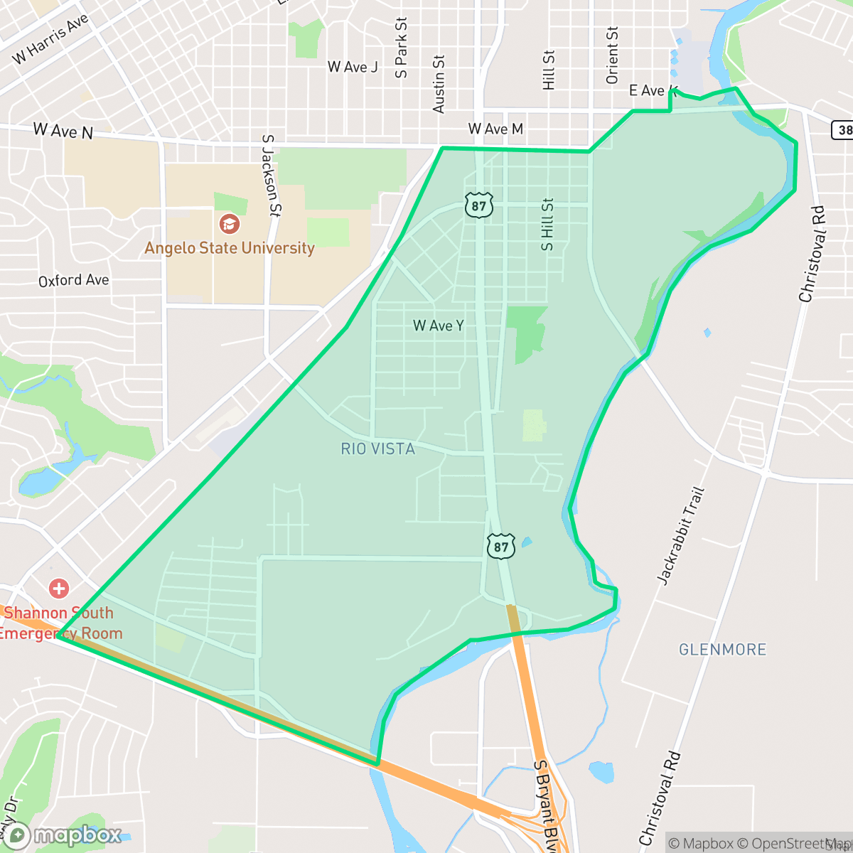 Map showing the location of Rio Vista, San Angelo, TX