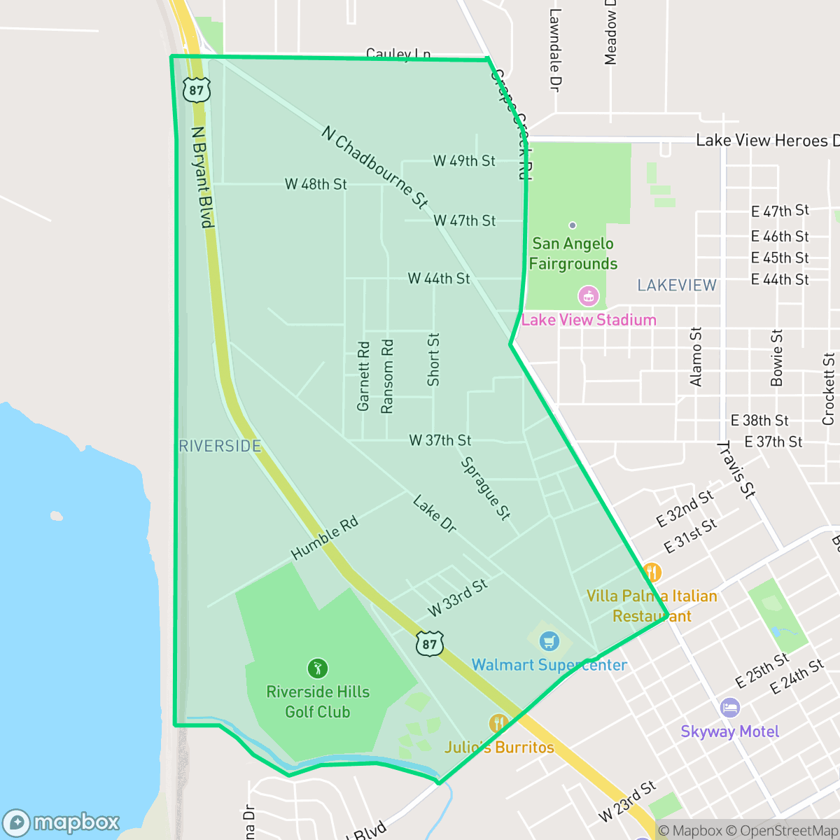 Map showing the location of Riverside, San Angelo, TX