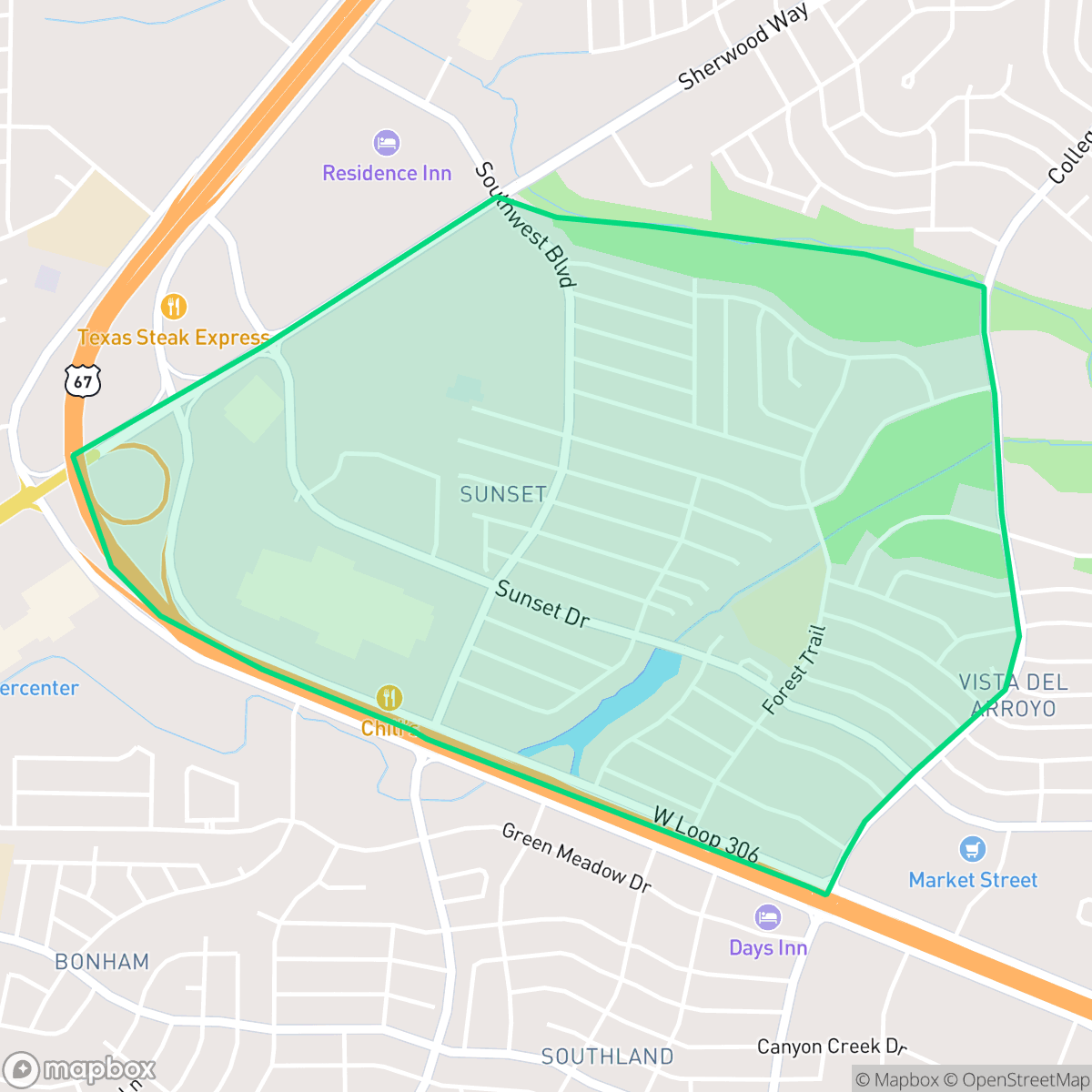 Map showing the location of Sunset, San Angelo, TX