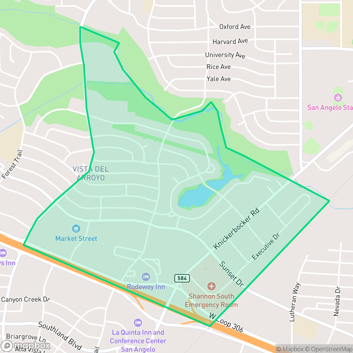Map showing the location of Vista del Arroyo, San Angelo, TX