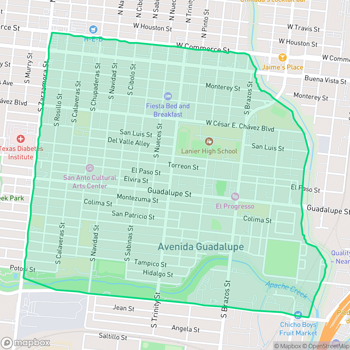 Map showing the location of Avenida Guadalupe, San Antonio, TX