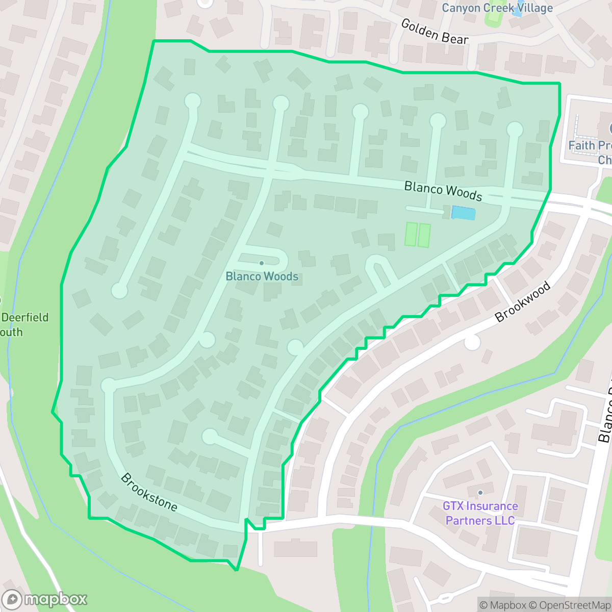 Map showing the location of Blanco Woods, San Antonio, TX