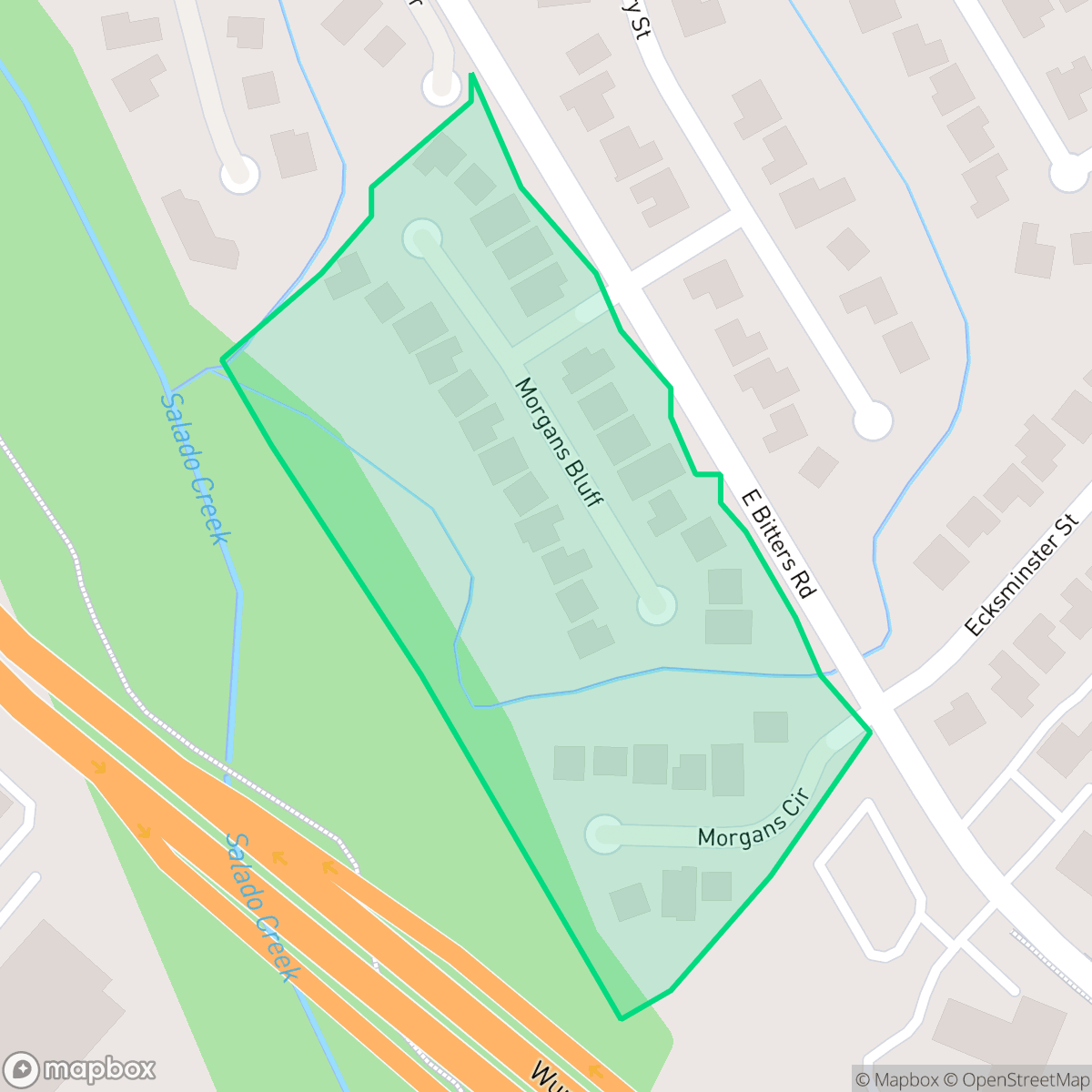 Map showing the location of Bluff Creek, San Antonio, TX